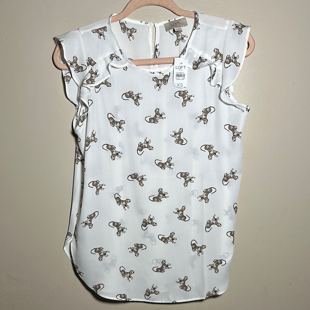 LOFT White Flutter Sleeve Ruffled Tiger Top NWT NEW | XS